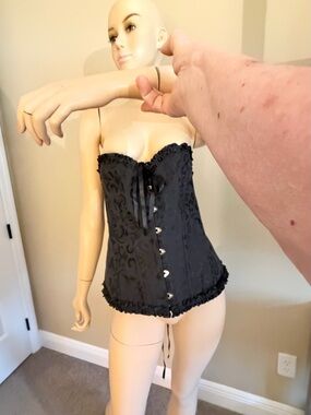 SOLDBlack Strapless Brocade Corset with Ruffle Trim and Front Busk